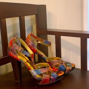 BCBG Snakeskin T-Strap Platforms